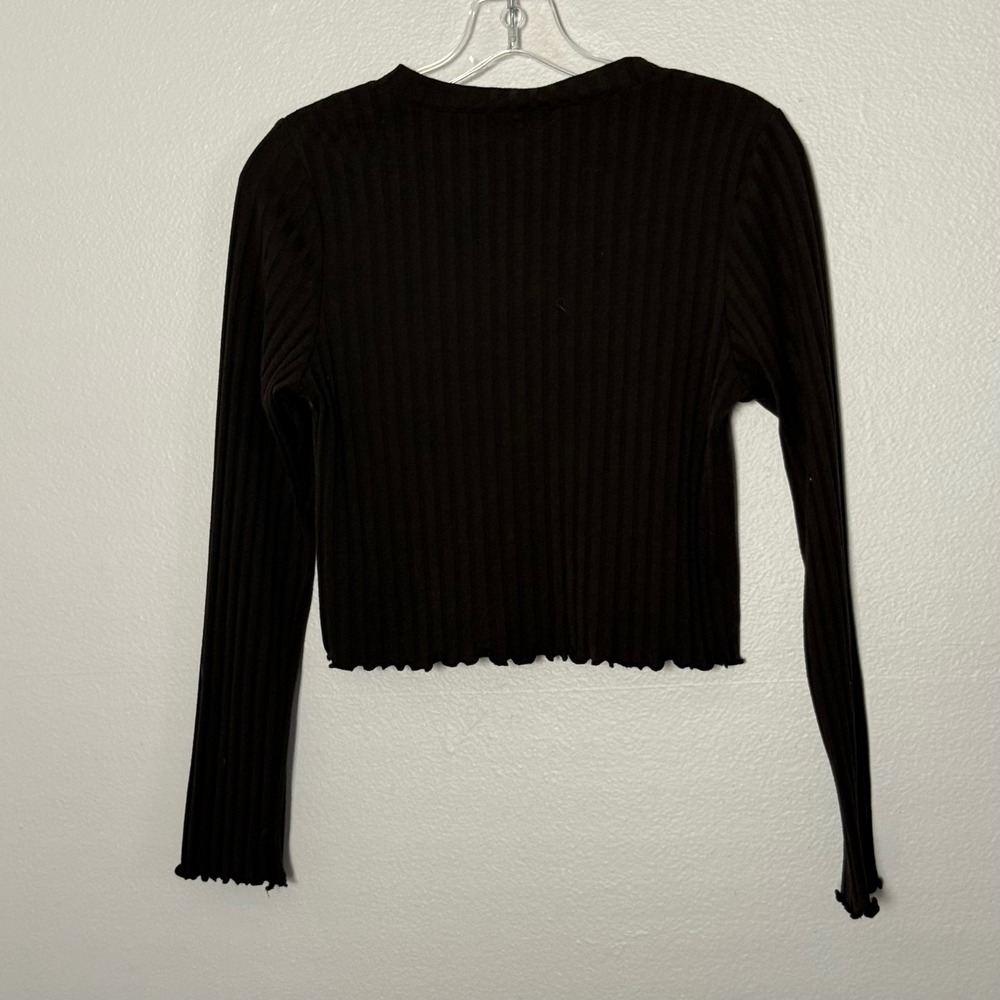 Lisa Says Gah Ribbed Cardigan Black Knit Flower Buttons Lettuce Hem - Small - Picture 5 of 5